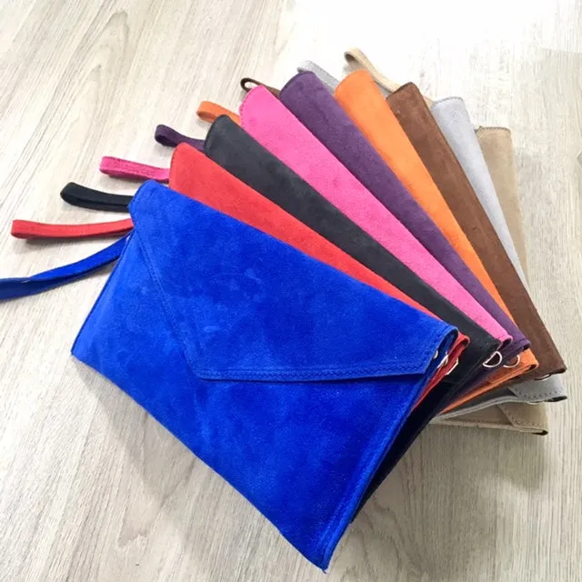 GENUINE SUEDE NAVY BLUE OVER-SIZED ENVELOPE CLUTCH BAG / SHOULDER BAG WITH LONG SHOULDER STRAP