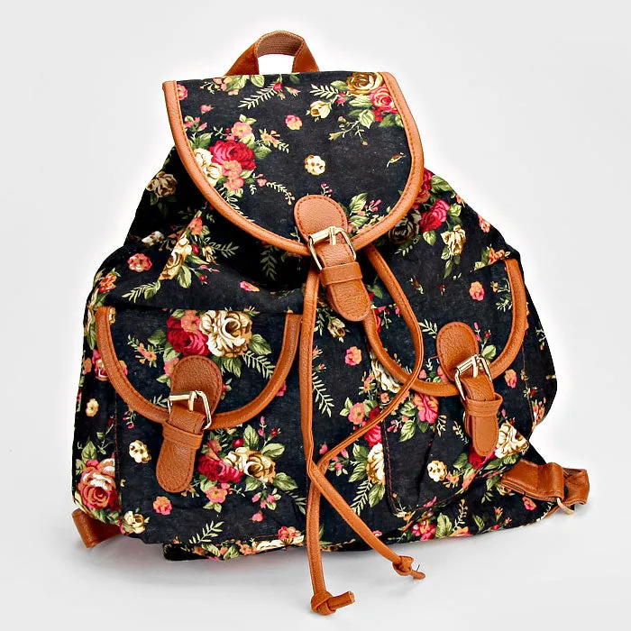 iLLASPARKZ Faux Leather Trimmed Rose Print Backpack Bag