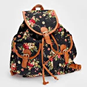 iLLASPARKZ Faux Leather Trimmed Rose Print Backpack Bag