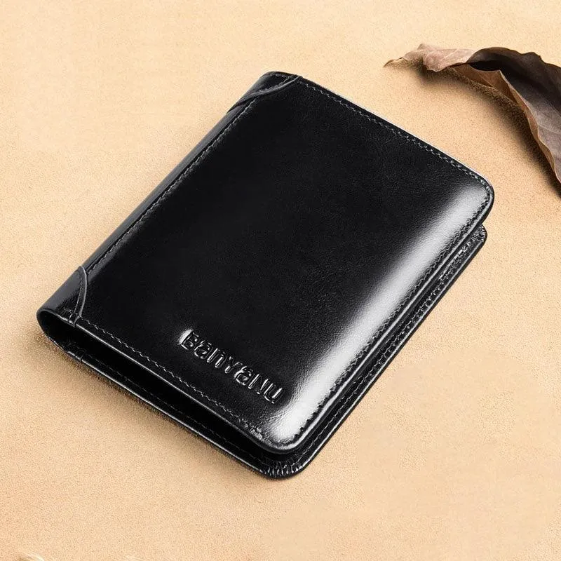 Men's Short Matte Leather Tri-fold Vertical Wallet