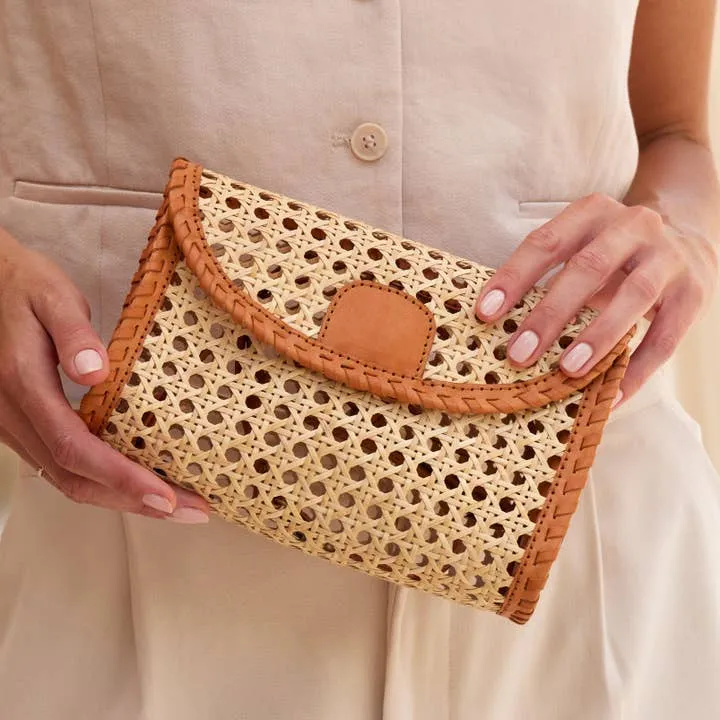 The Winding Road Rattan Clutch with Leather Trim and Crossbody Strap